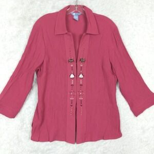 Koret Womens Shirt Beaded Embellished 3/4 Sleeve Red Collared Pleated L